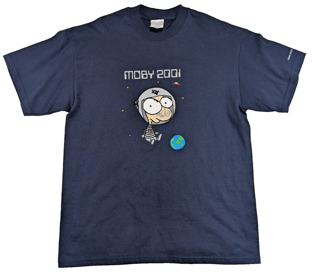 M&O Knits Moby Men L Blue Cotton 2001 Vintage Signed Autograph Band Tee USA