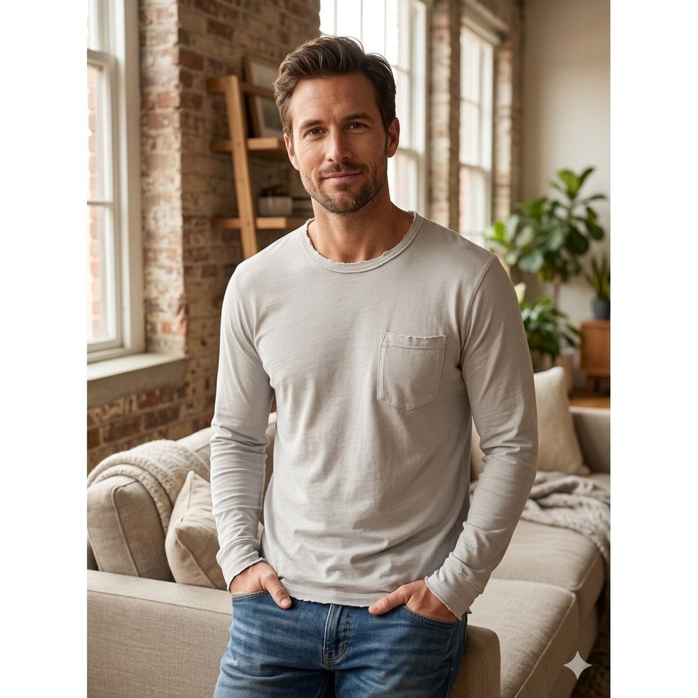 James Perse Standard Mens Tan Raw Edge Long Sleeve Pocket Tee MSX3044 Size 1 S