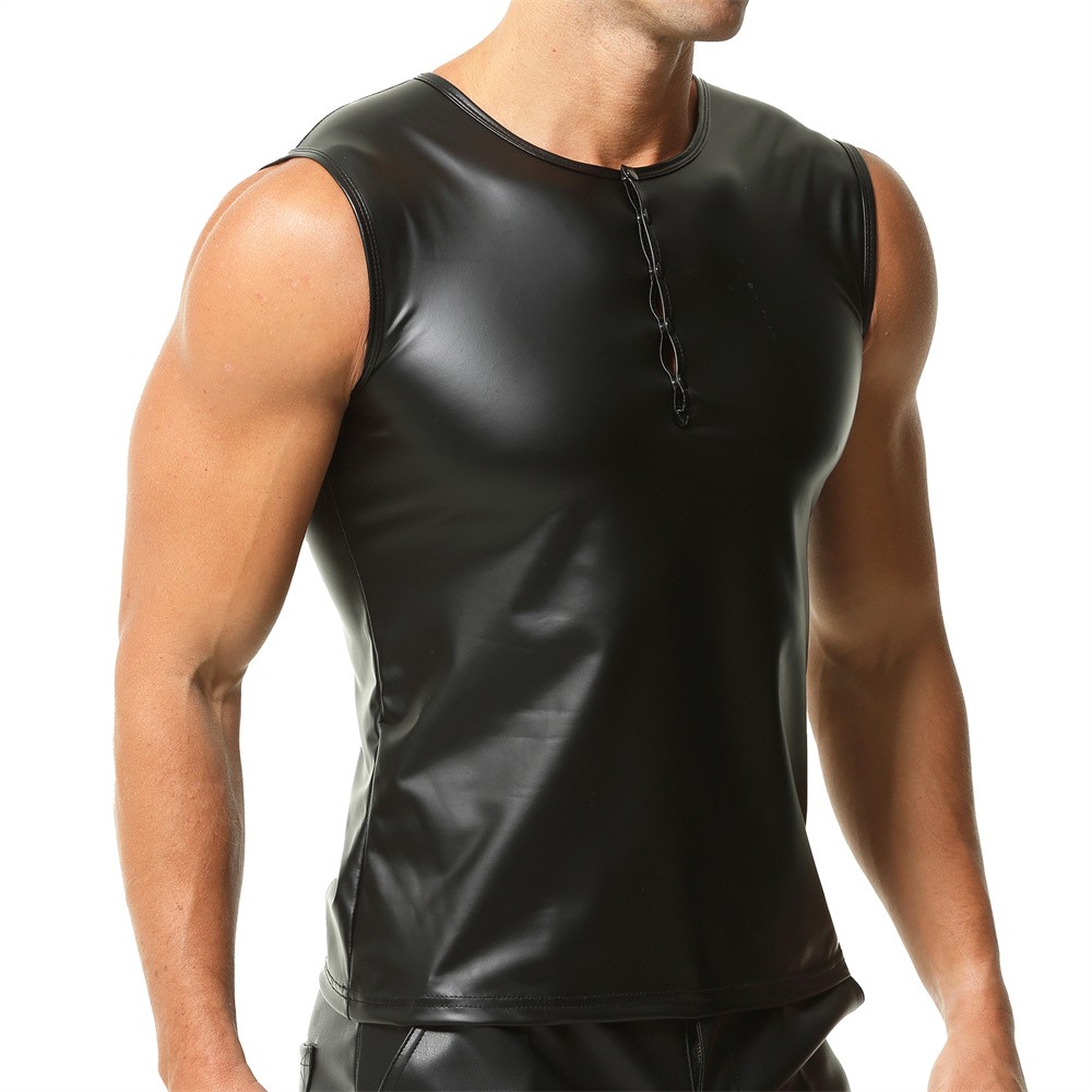 Mens Casual Sleeveless Vest Black Pvc Leather Slim Fit Tank Tops Fitness T-shirt gallery