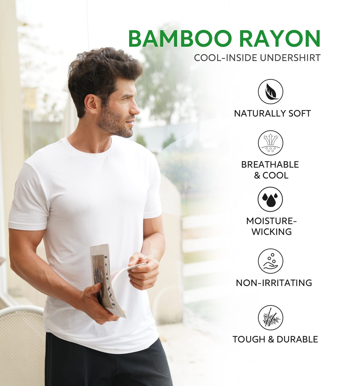 DAVID ARCHY Men's Undershirt Bamboo Rayon MoistureWicking White TShirts Stret... gallery
