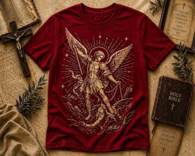 Saint Michael Victory Angel Tee – Faith Warrior Graphic Shirt gallery