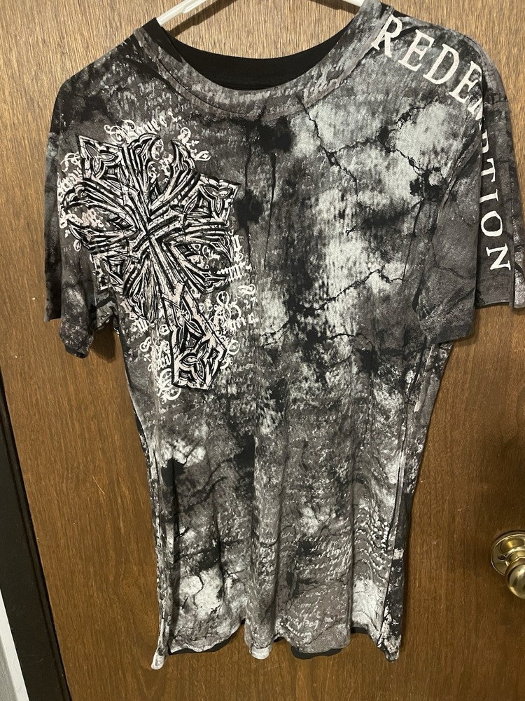 Raw State Premium Redemption Flocked Cross T Shirt Mens M Acid Wash Gothic Y2K