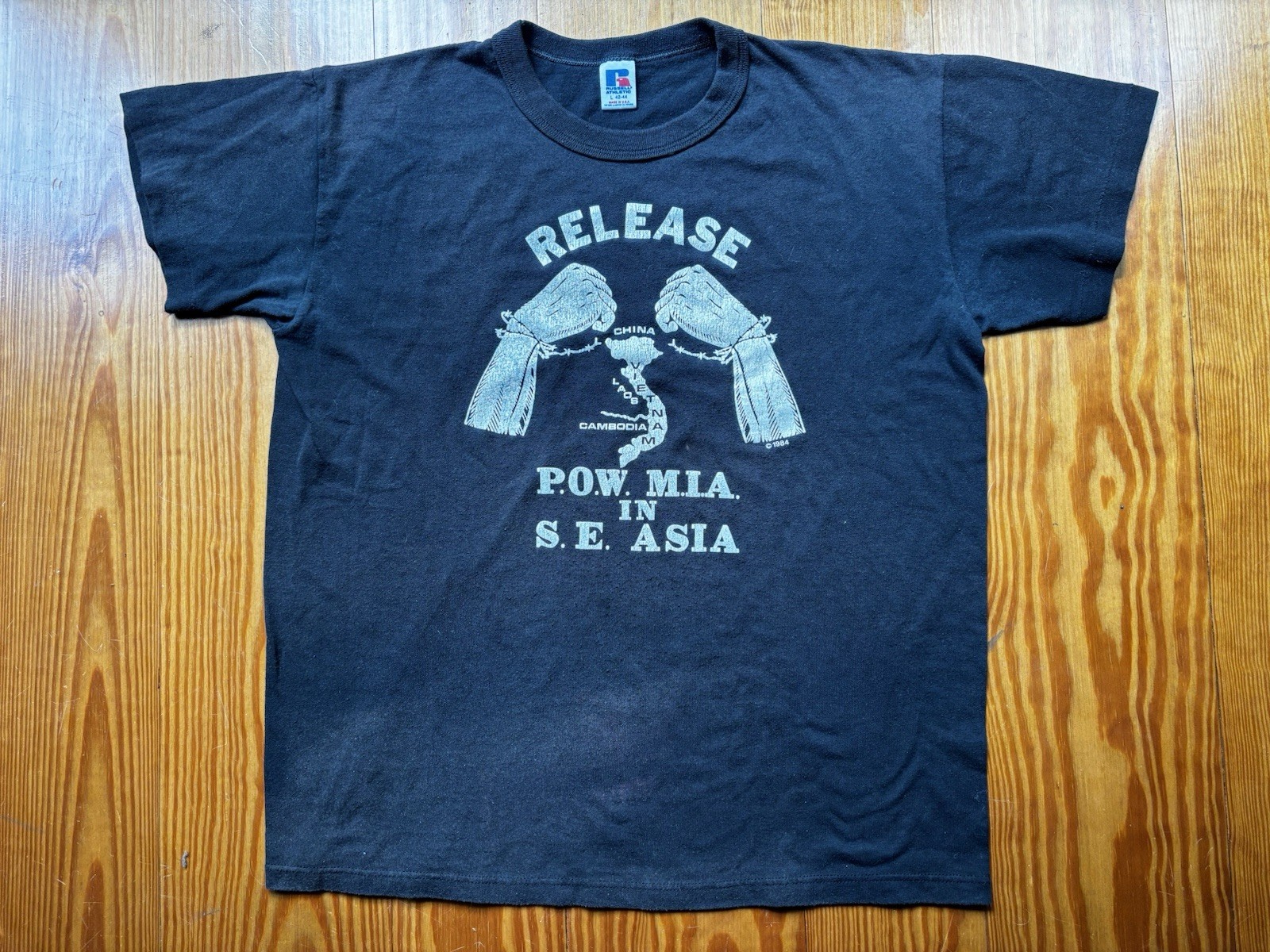 Vintage RELEASE POW-MIA in S.E. ASIA T-Shirt VIETNAM, CAMBODIA, LAOS, CHINA, BLK gallery
