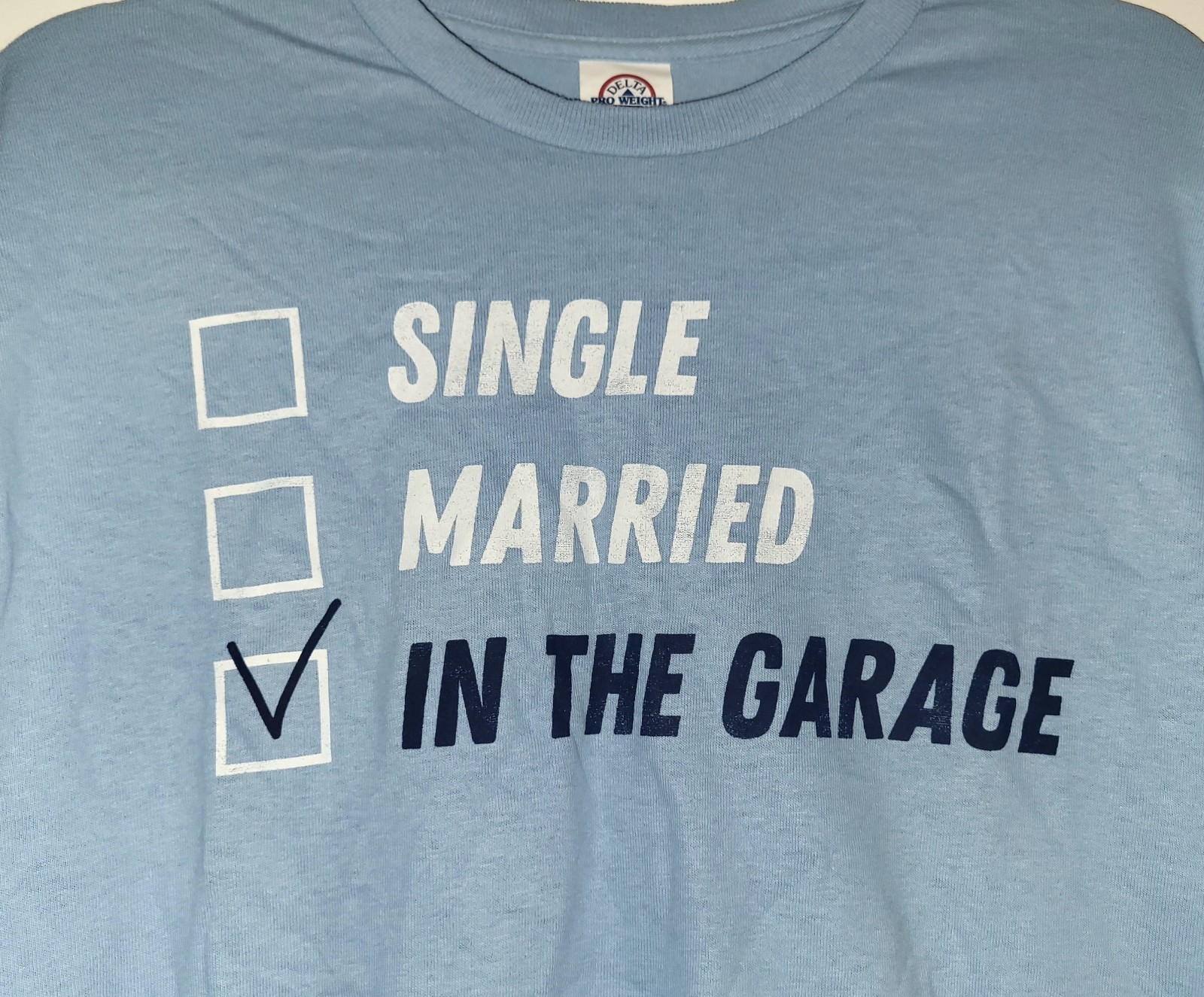 Delta Men's Light Blue T Shirt In The Garage Size L Large NEW gallery