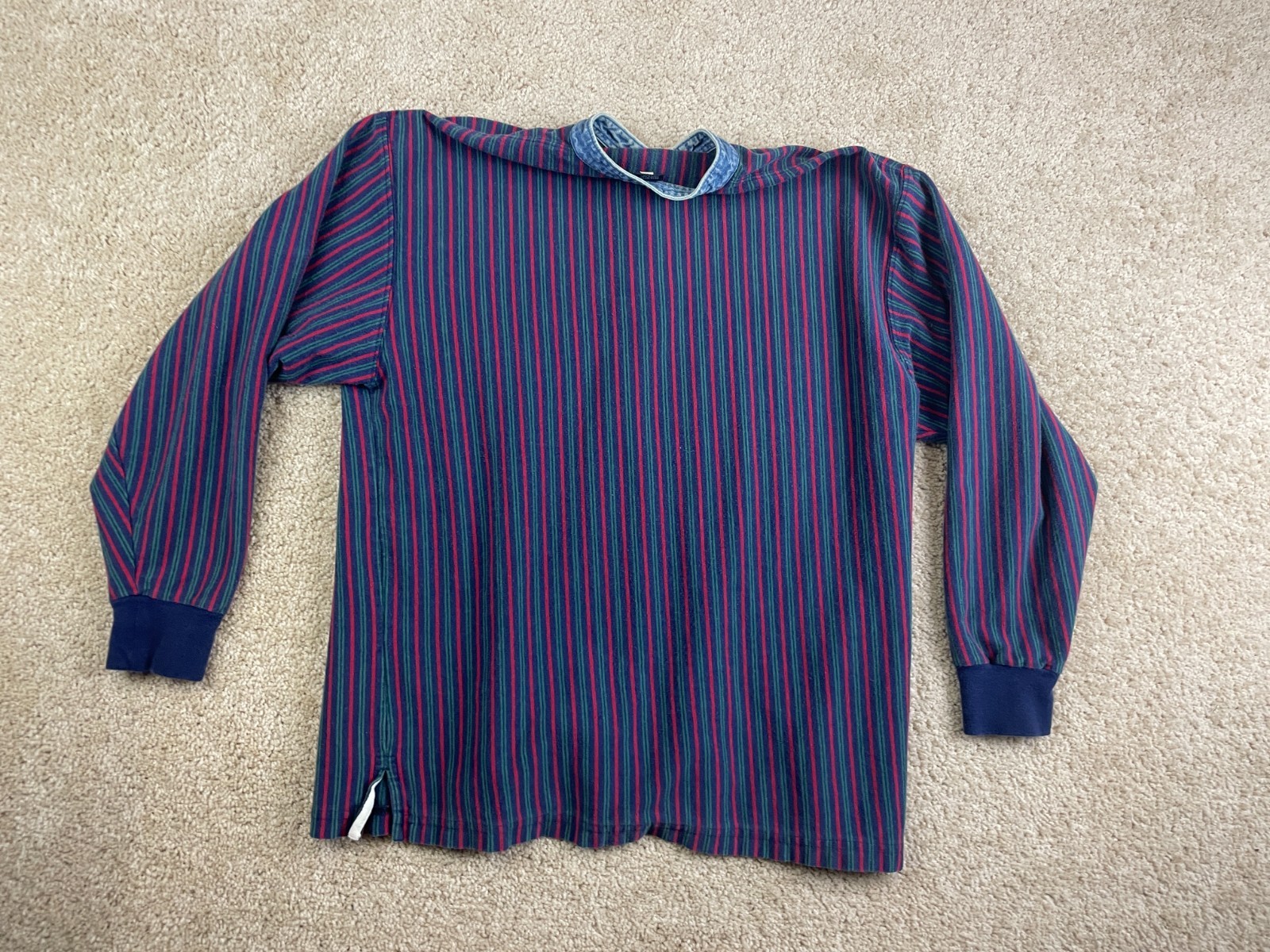 Vintage Lands' End Henley T-Shirt Mens XL Cotton Stripes Ribbed Long Sleeve Blue gallery