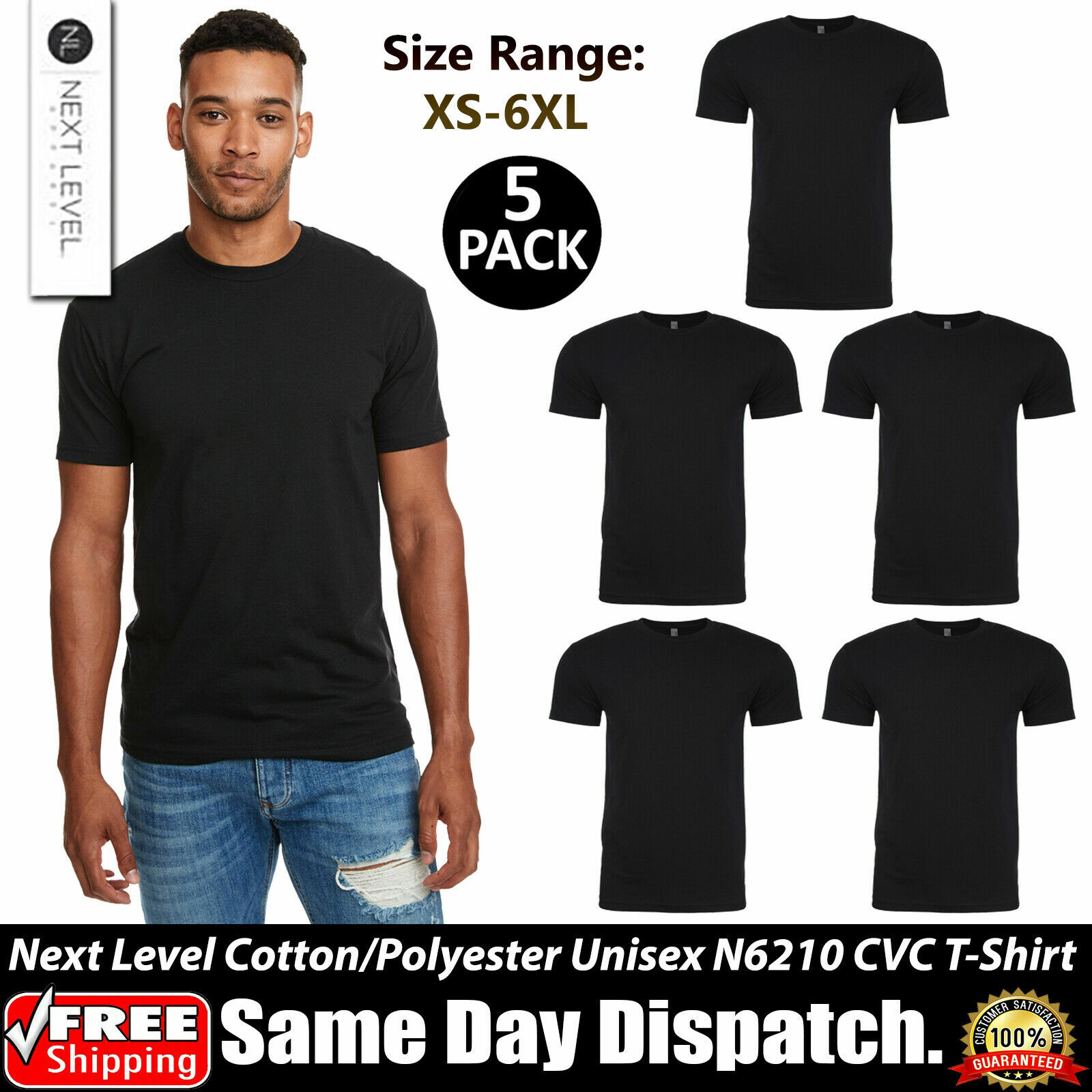 5 PACK OF NEXT LEVEL Plain Tshirt Mens Black T Shirt Blank T-Shirt N6210 XS-4XL gallery