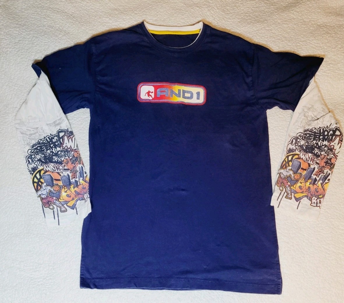 Mens AND1 Graffiti AOP Blue White LS Stretch Polyester Basketball Shirt S Small