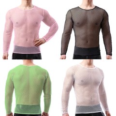 Mens Fishnet Shirts Mesh Transparent Long-Sleeve Muscle T-Shirt Undershirt Tops