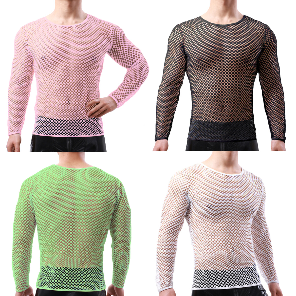 Mens Fishnet Shirts Mesh Transparent Long-Sleeve Muscle T-Shirt Undershirt Tops gallery