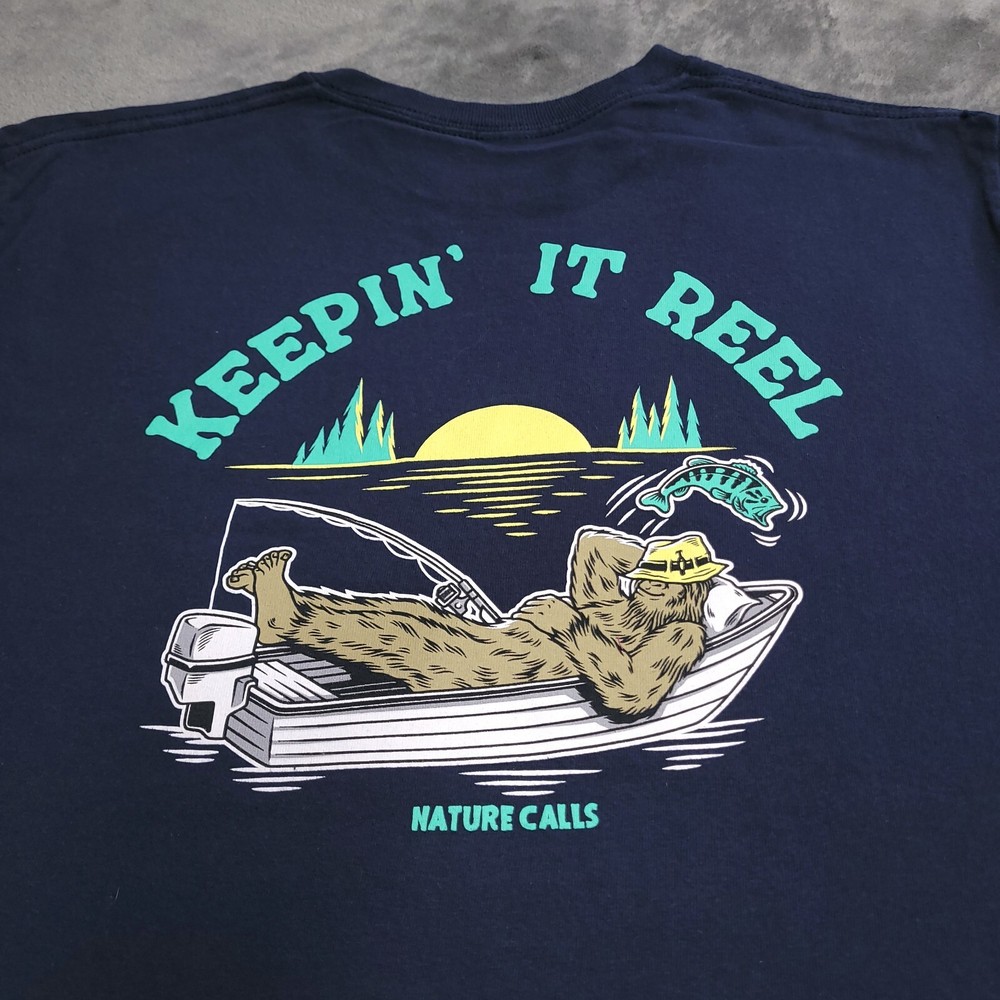 Nature Calls Bigfoot Sasquatch Fishing Blue Medium Keepin It Reel Boat Lake