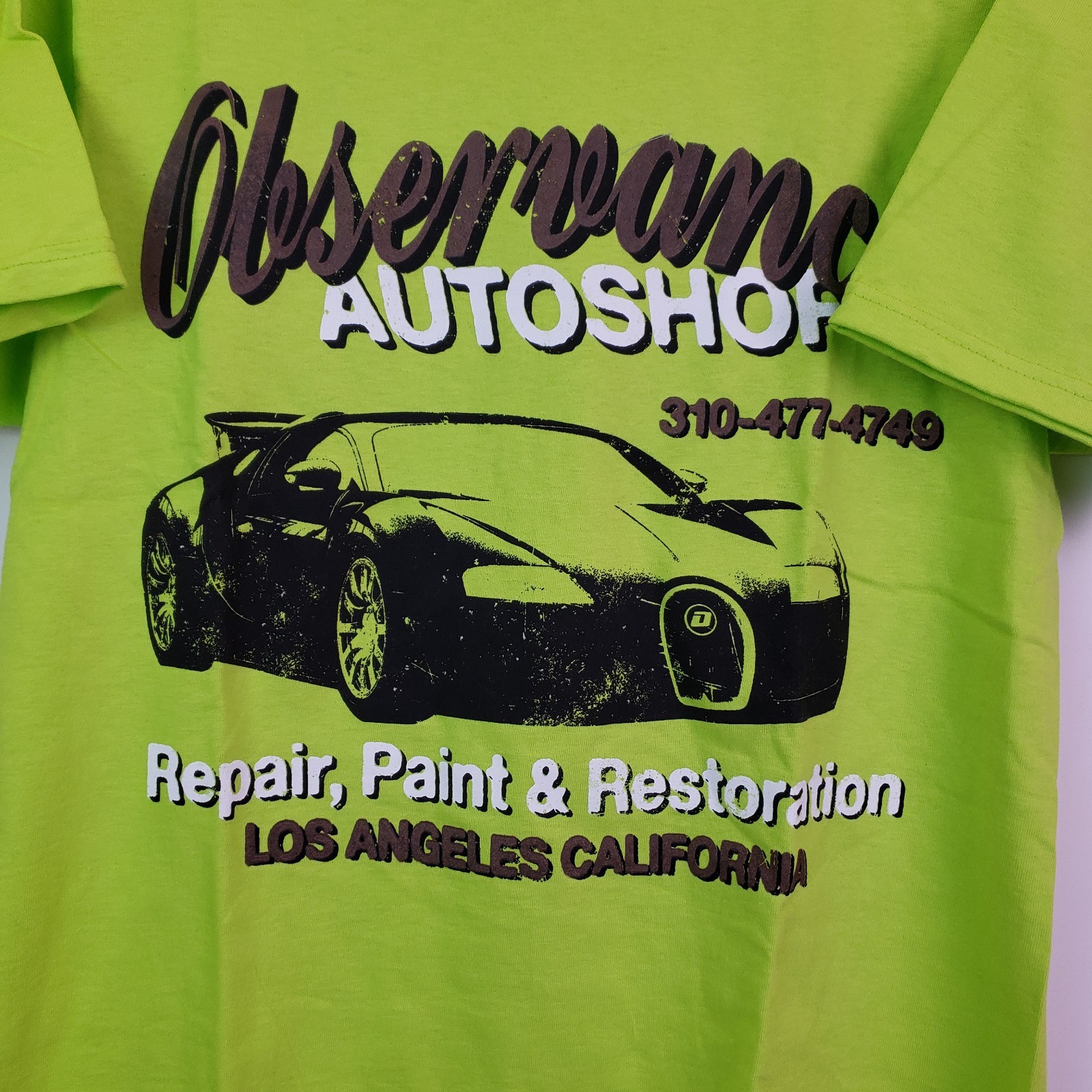 Unbranded Mens Sz S Lime Green Short Sleeve Graphic Observance Autoshop T-Shirt gallery