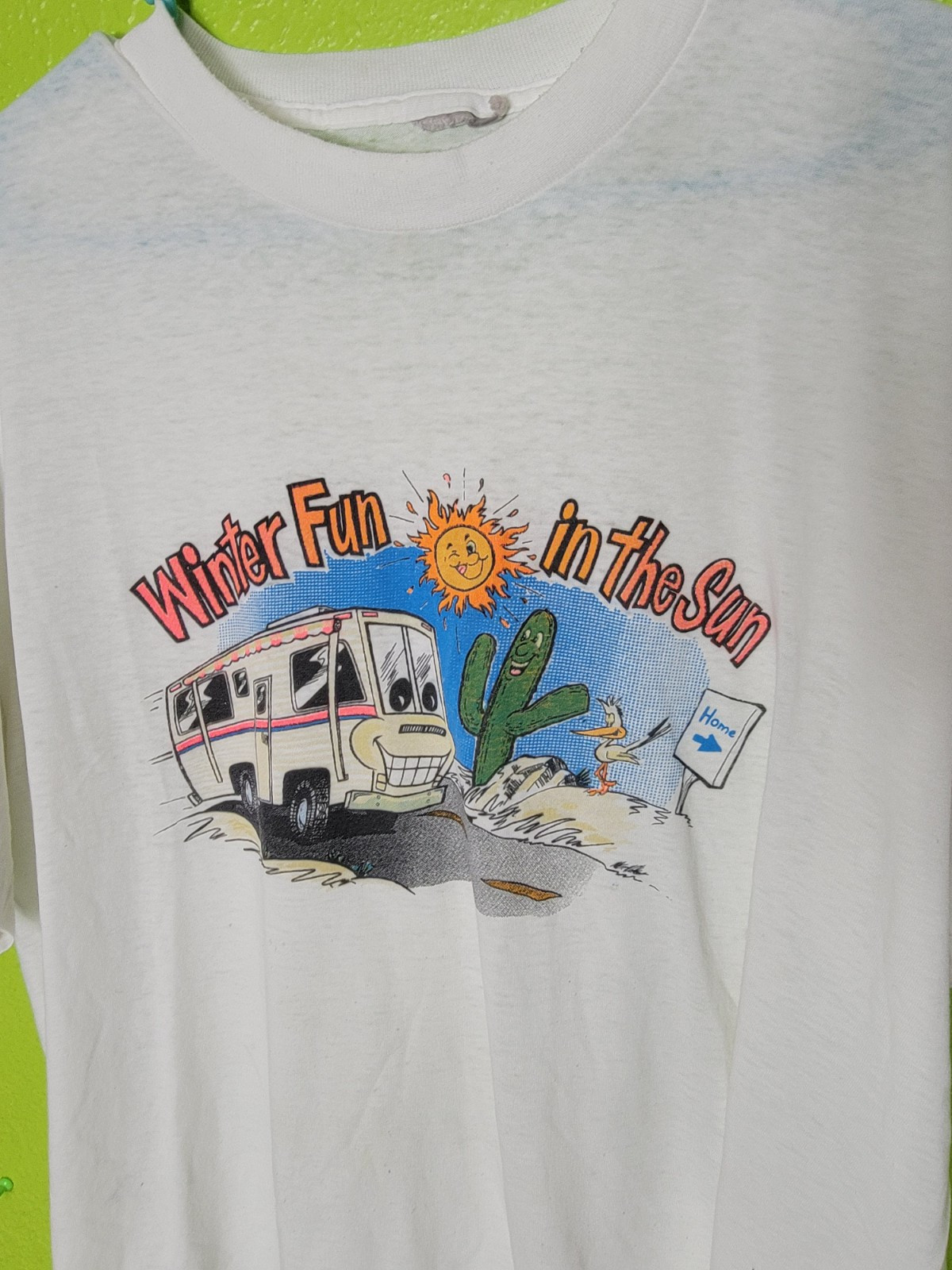 Vintage 1980s Single Stitch Shirt Cartoon Winter Fun In The Sun Desert Motorhome gallery