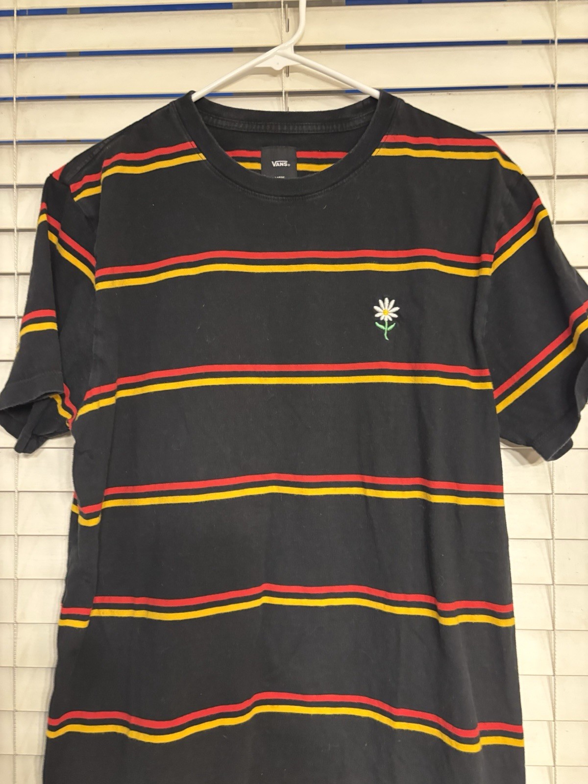 Van Black W/ Red & Yellow Striped T-Shirt W/ Embroidered Daisy Logo Sz L Skater