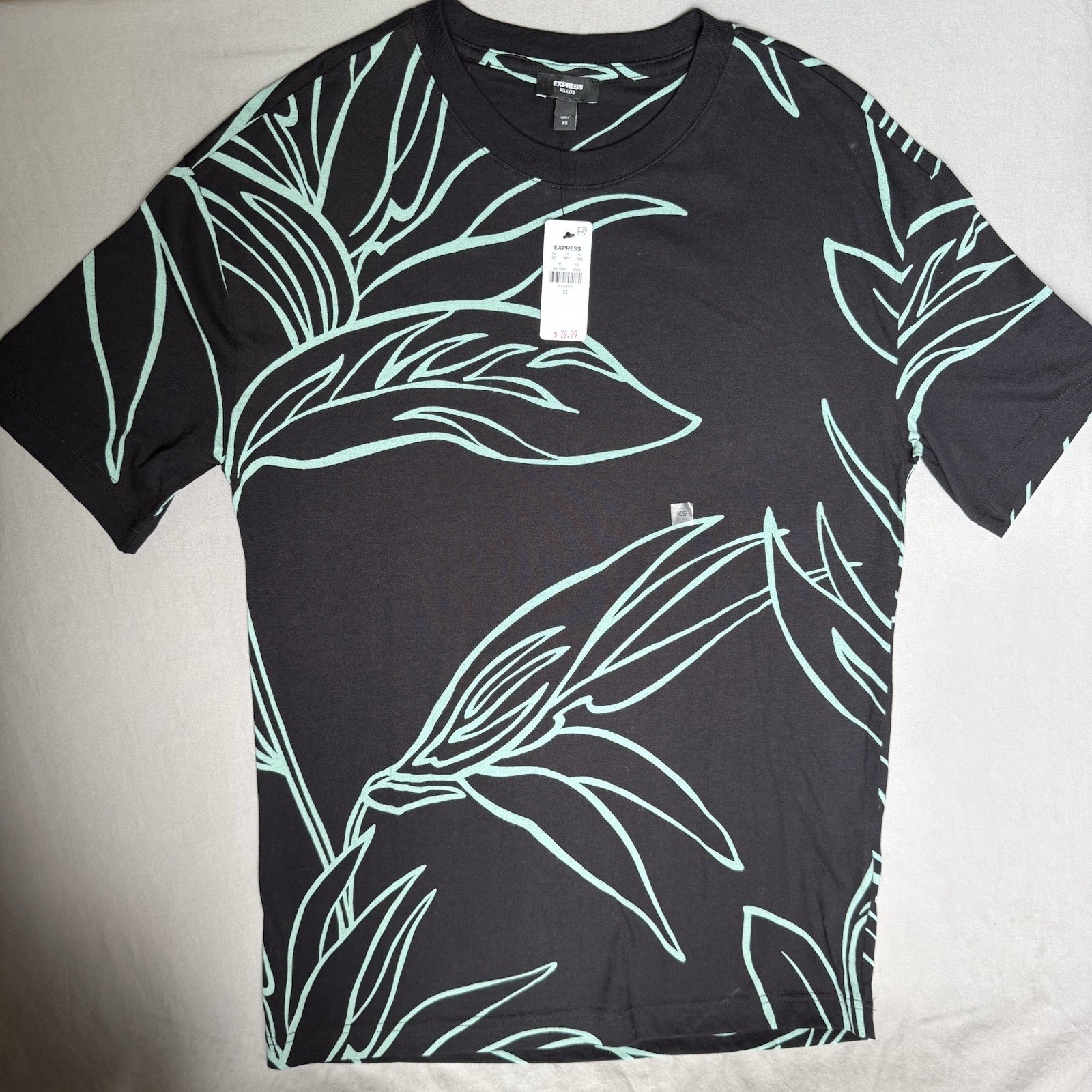 Express Relaxed Mens XS Black Tropical Leaf Print T Shirt 100% Cotton NWT