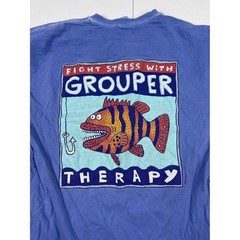 Comfort Colors Grouper Therapy Graphic T Shirt Blue Distressed Fishing Mens M