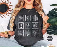 Comfort Tee Whimsical Flower Postage Stamp Shirt Vintage Style