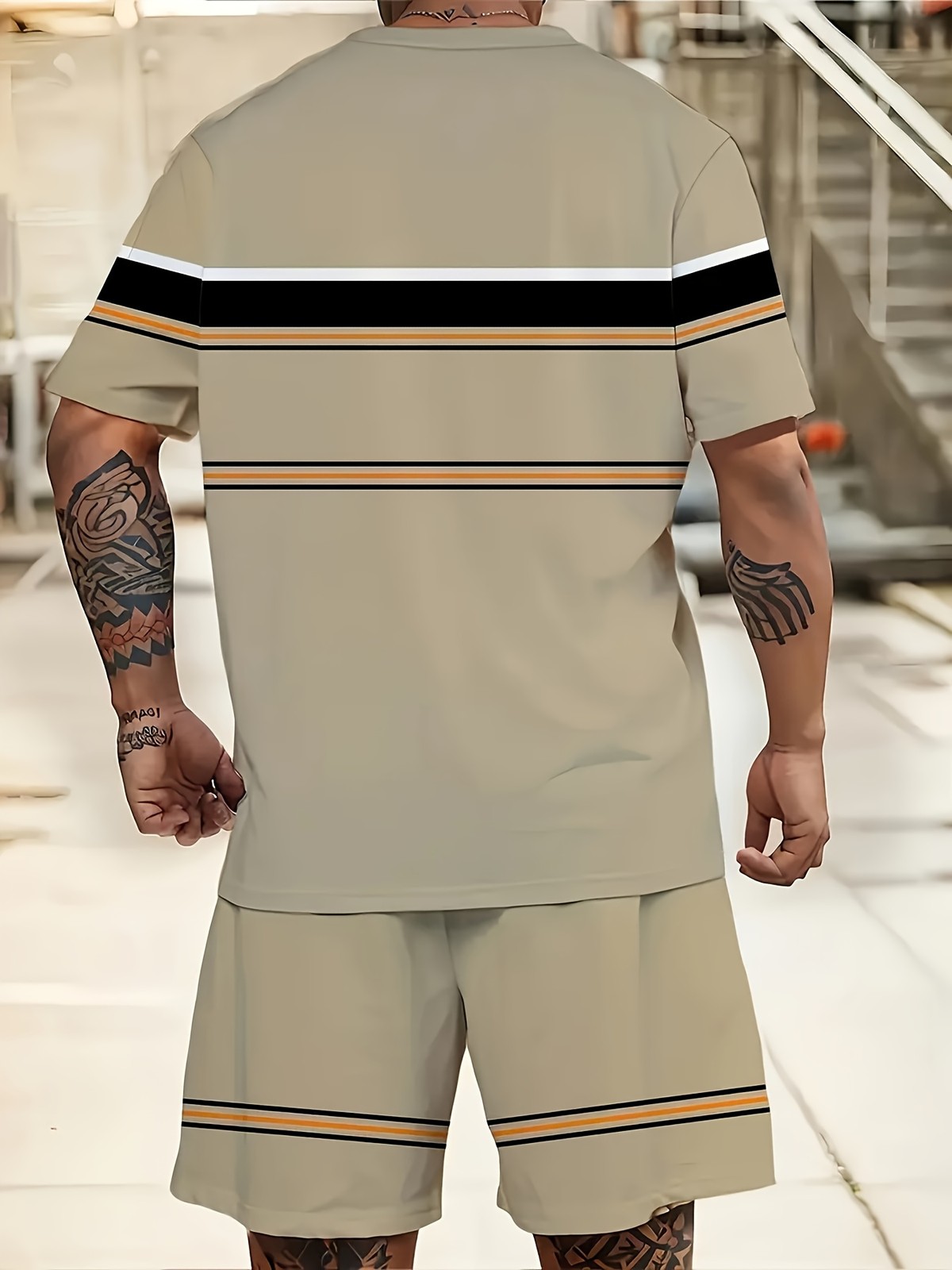 Classic horizontal stripe pattern 3D digital print new summer men's outdoor set gallery