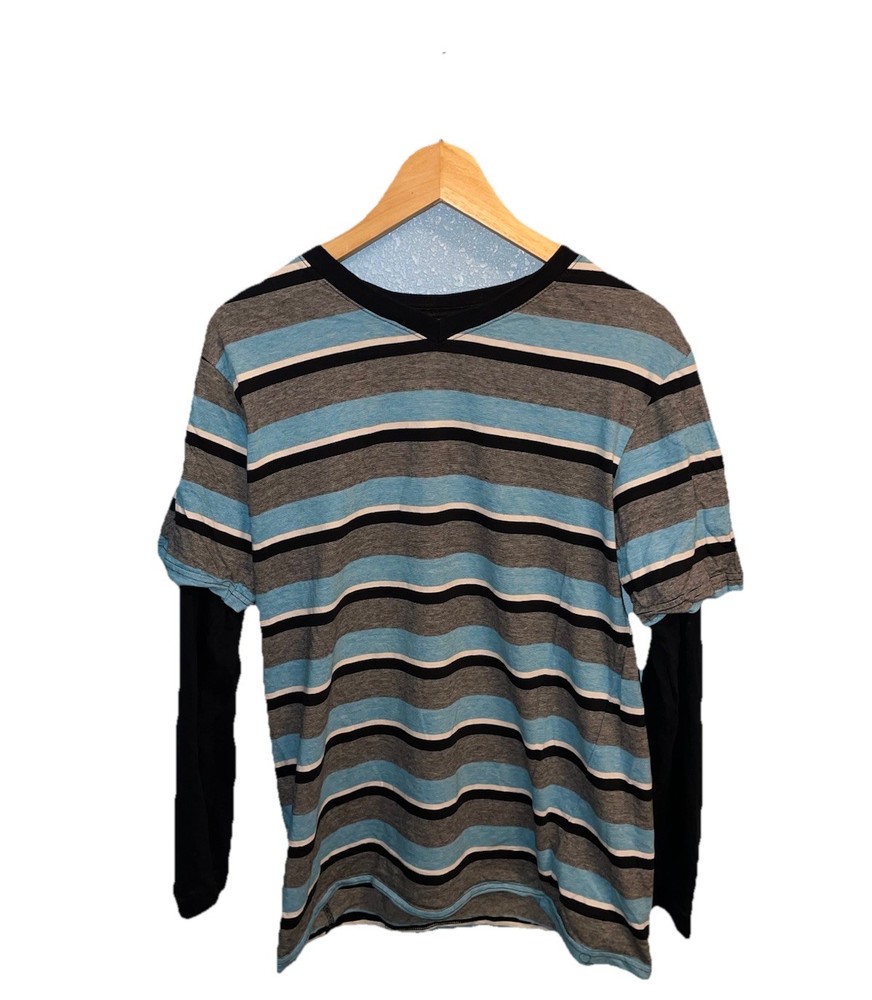 Y2K Overdrive Star Skater Long Sleeve Blue Striped Shirt Size XL
