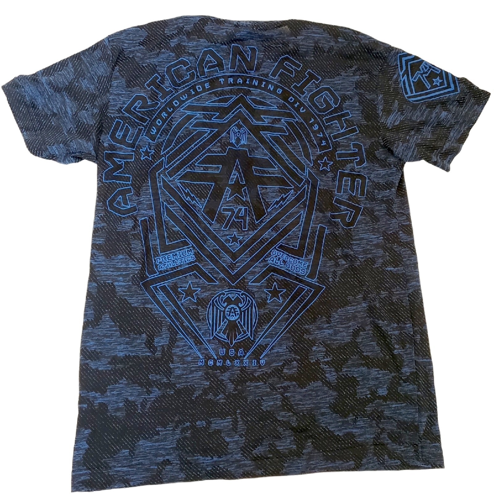 VTG 90s American Fighter Blue Black Training T Shirt Fitted Semi-sheer UFC MMA gallery