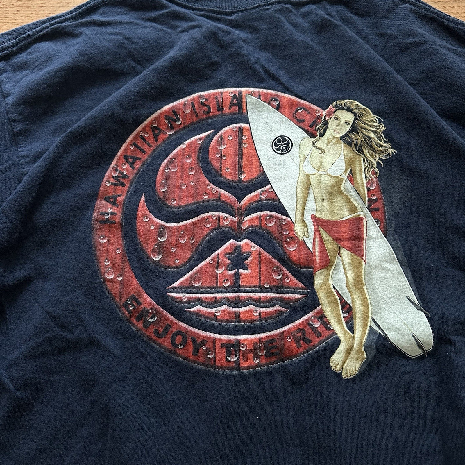 Vintage Hawaiian Island Creations HIC Surfer Girl Large Navy T-shirt gallery