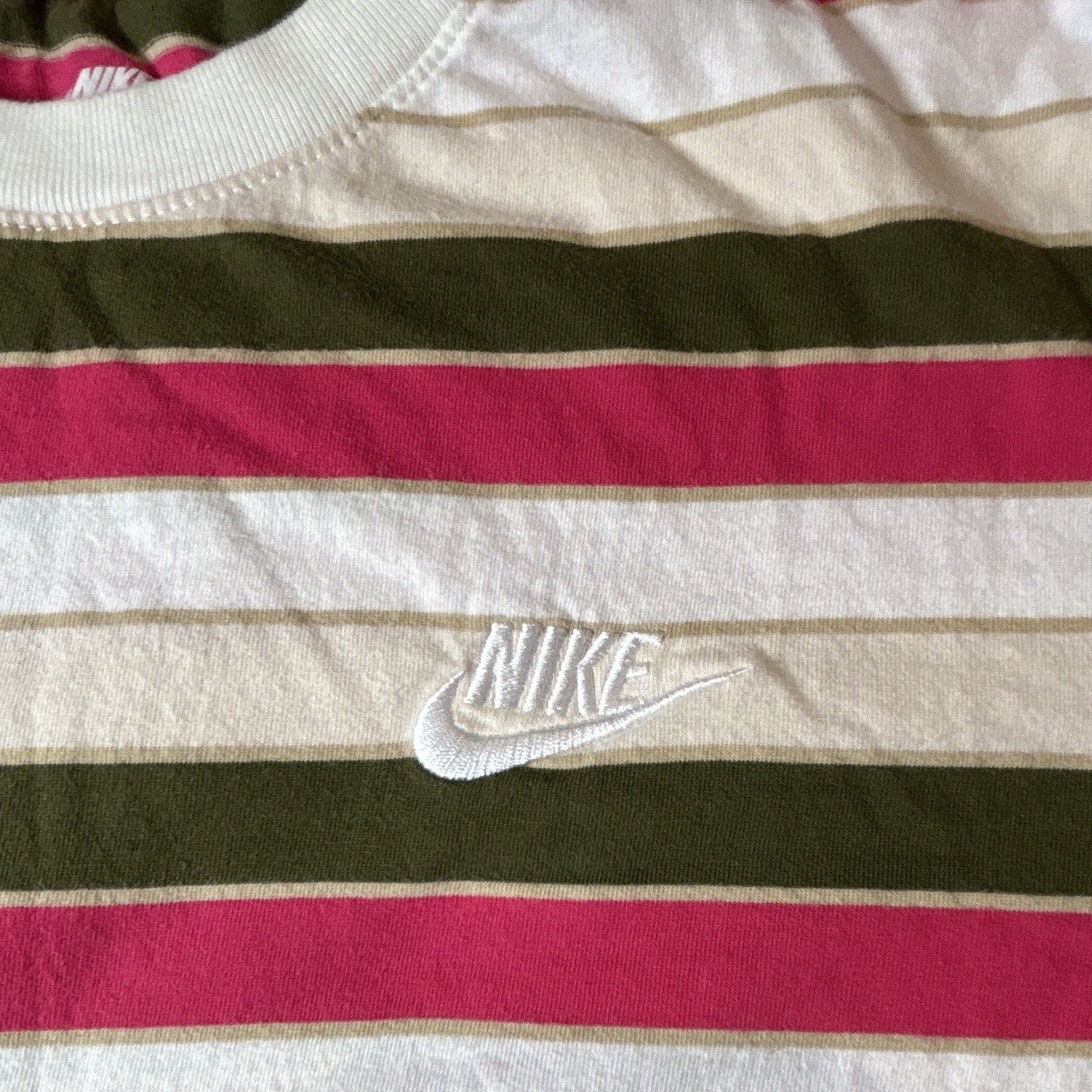 Nike The Nike Tee Men's White/Green/Pink Striped Logo Crew Neck T-Shirt SS M gallery