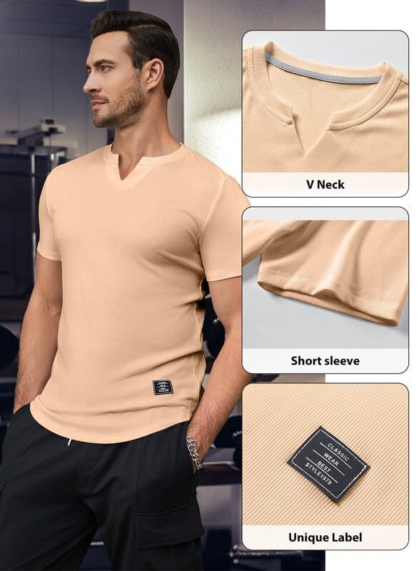 Mens V-Neck Muscle Slim Henley Shirt Workout Gym Athletic Shirt Summer Fashio... gallery