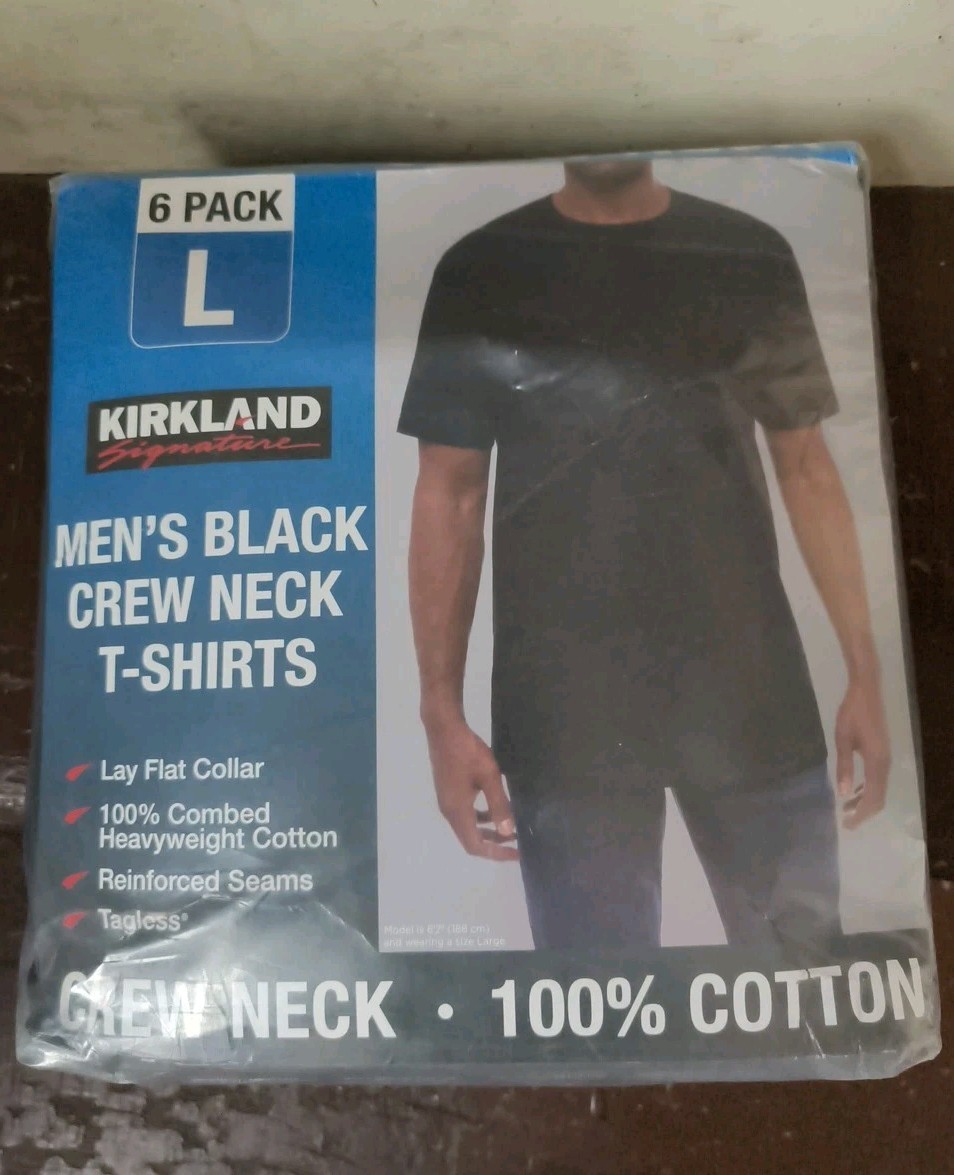 NEW 6 pack of Kirkland T Shirts men’s BLACK Crew Neck 100% Cotton Tees PICK SIZE