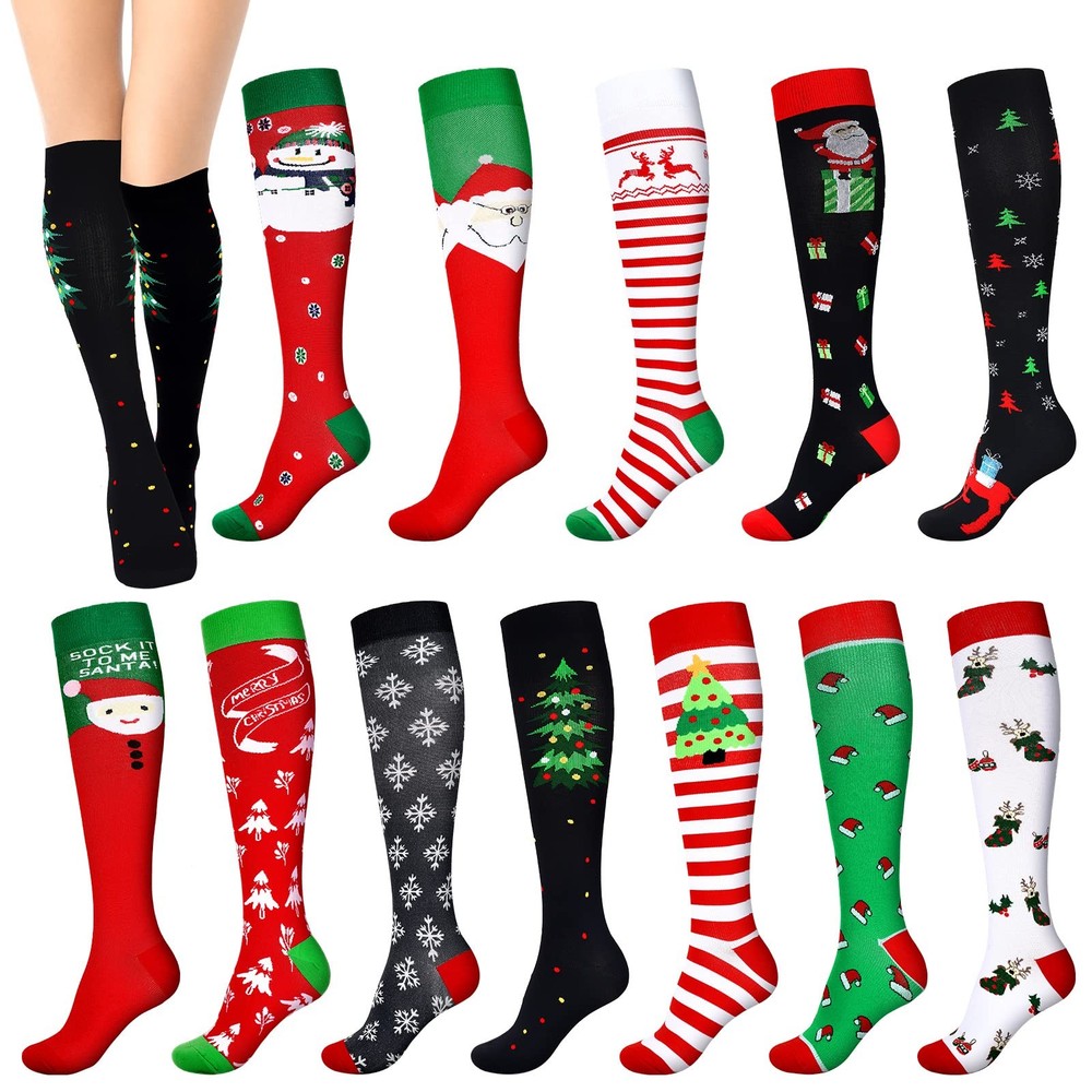 Christmas Athletic Knee High 1520 mmHg Compression Socks Men Women 12 Pairs