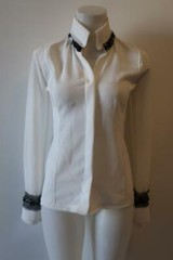 WOMENS CHRISTINA MAKOWSKY CREAM BLACK RHINESTONE COLLAR BLOUSE S *