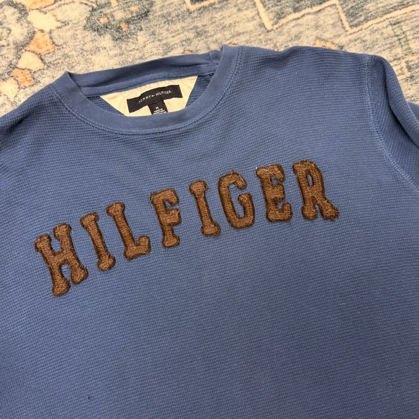 Tommy Hilfiger Vintage Style Blue Waffle Knit Long Sleeve Shirt with Brown Spell gallery