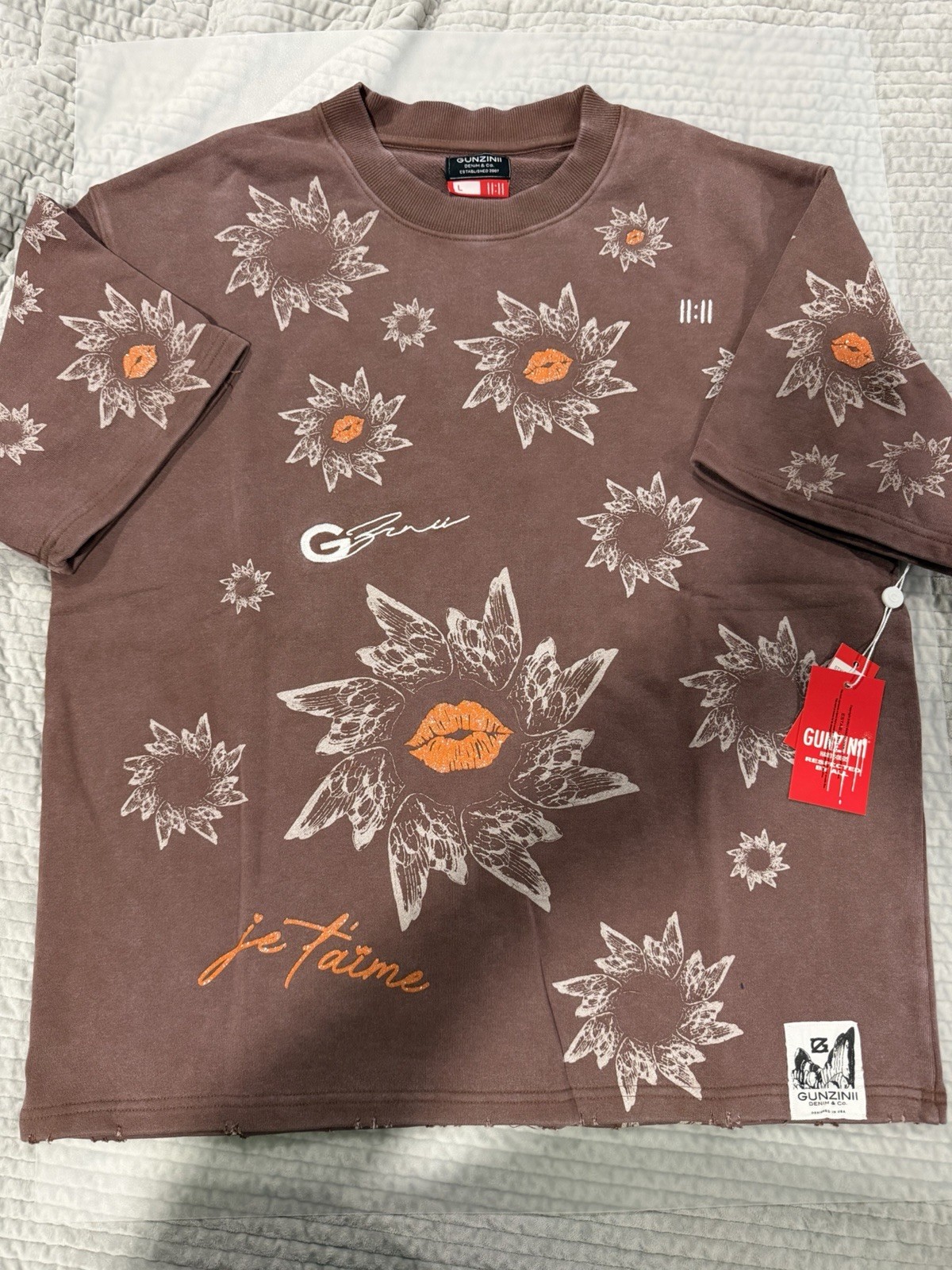 GUNZINII Men’s Brown Floral Graphic Crew Neck Short Sleeve Tee L gallery