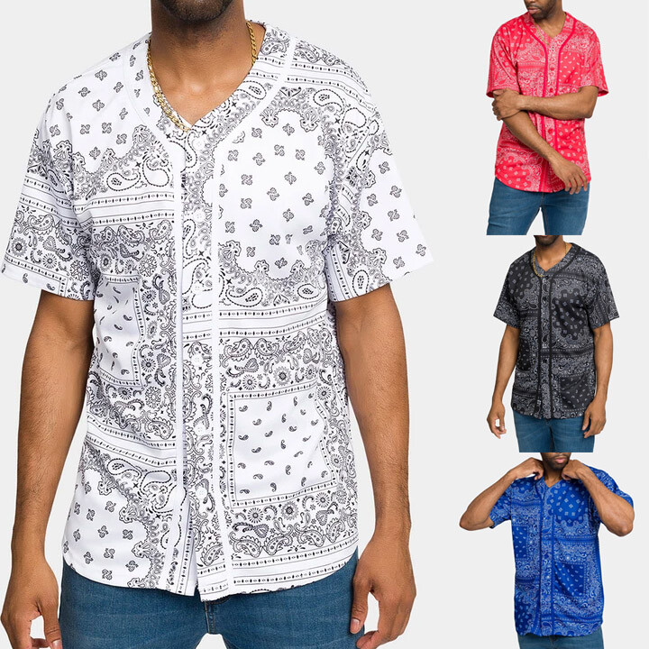 Men’s Classic Button Down Bandana Paisley Baseball Jersey Tee Shirt BJ47EY S~5X