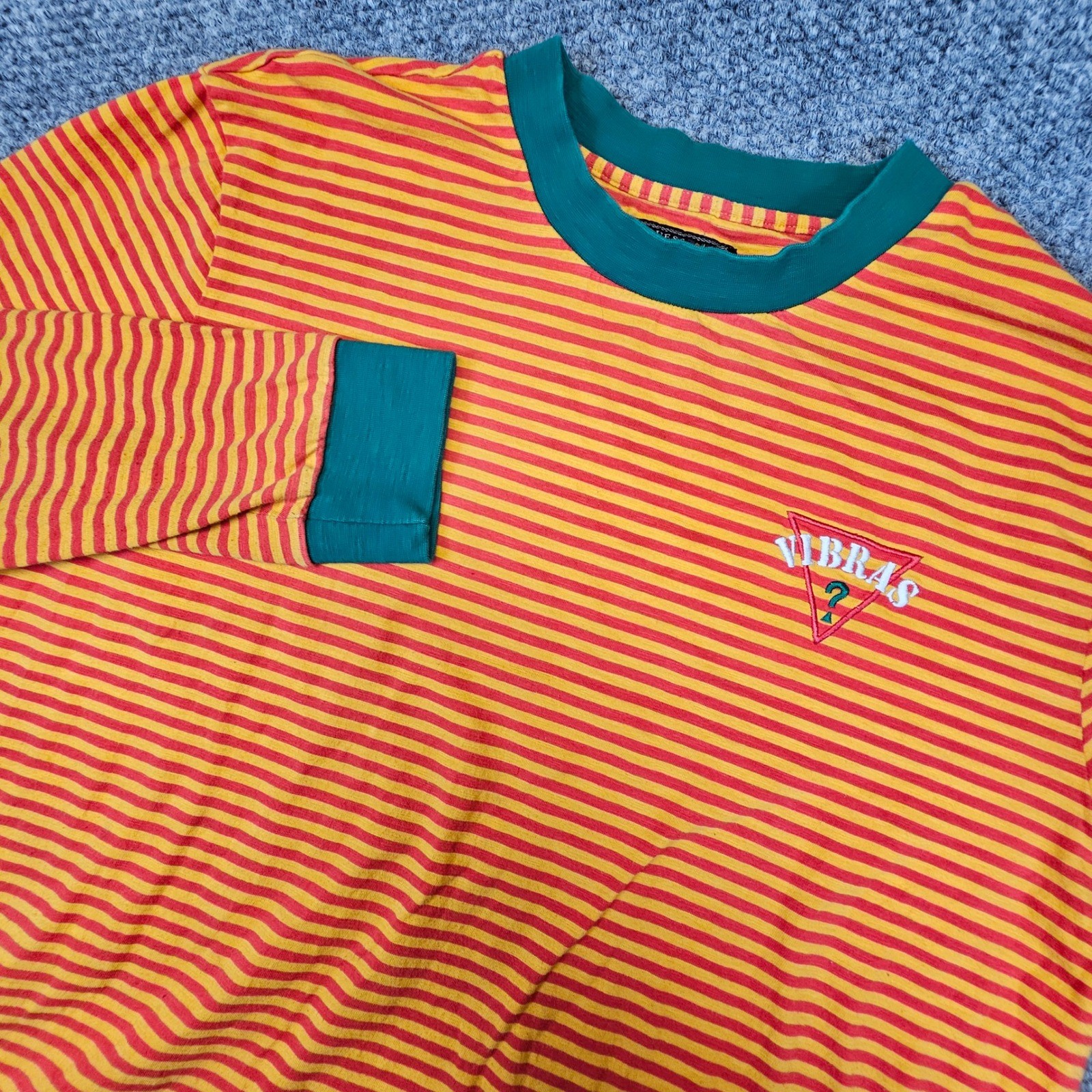 Vtg GUESS x J Balvin Vibras Striped Long Sleeve T-Shirt Orange Yellow Mens XL gallery
