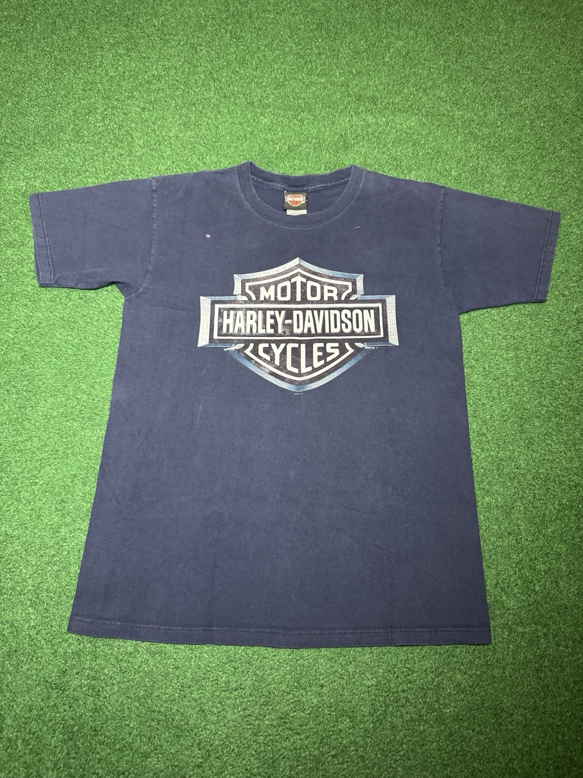 Harley Davidson Emblem Logo Blue Silver Large Y2K Biker Vintage T Shirt