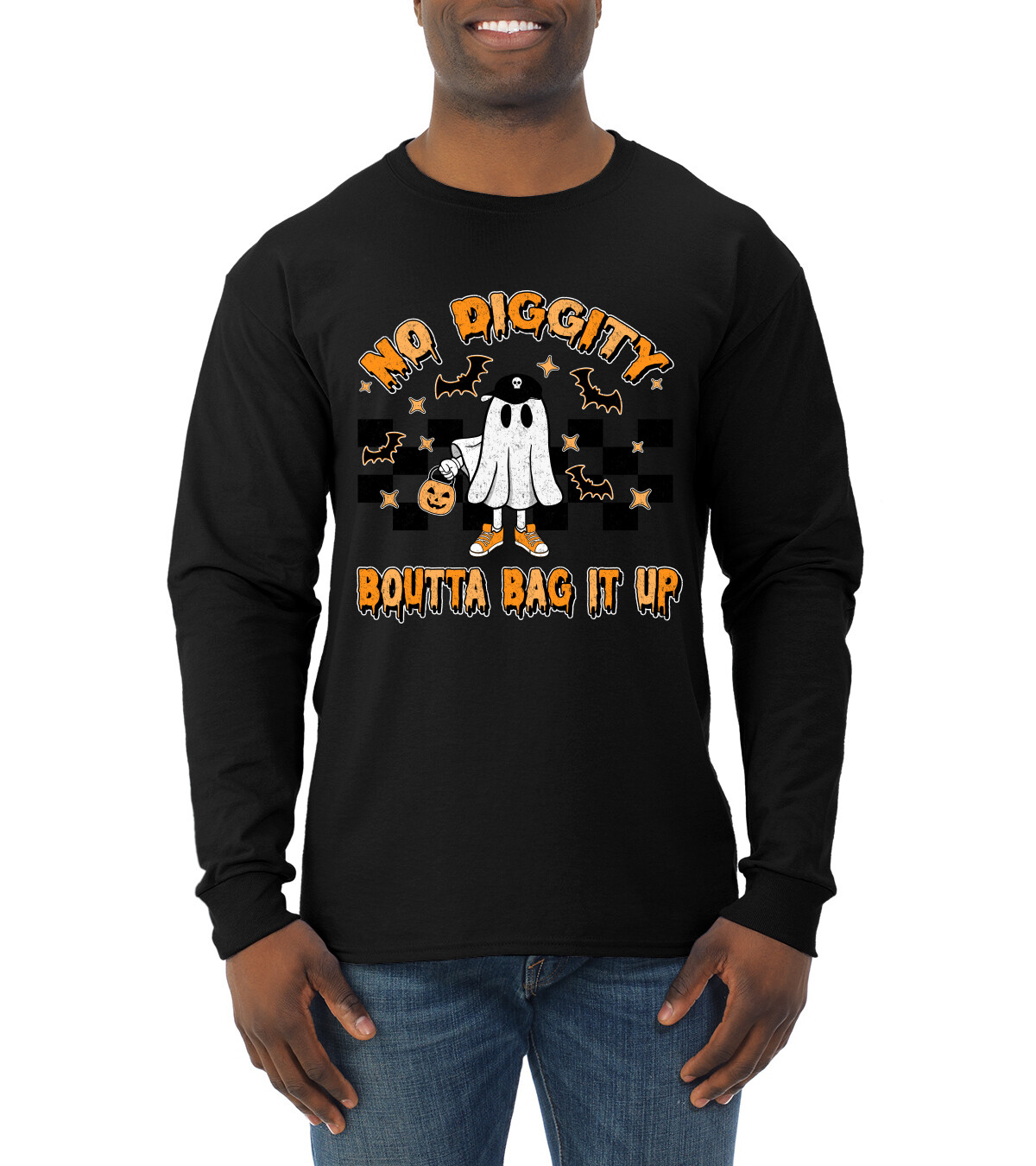 No Diggity Boutta Bag it Up Ghost Bats Stars Pumpkin Men Long Sleeve Shirt