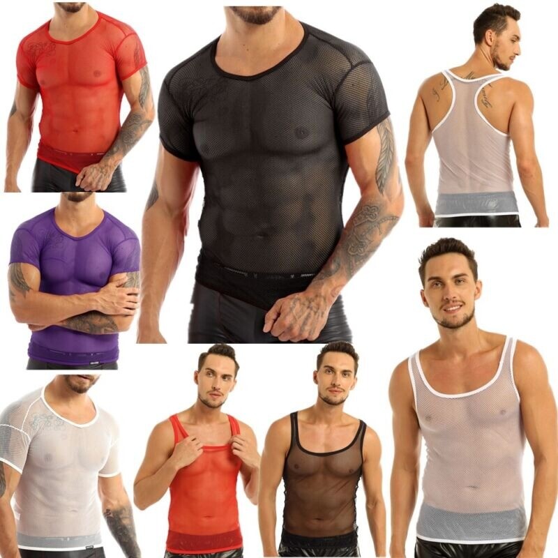 US Mens Mesh Sheer See Through Fishnet T-Shirt Casual Sexy Lingerie Top Clubwear gallery