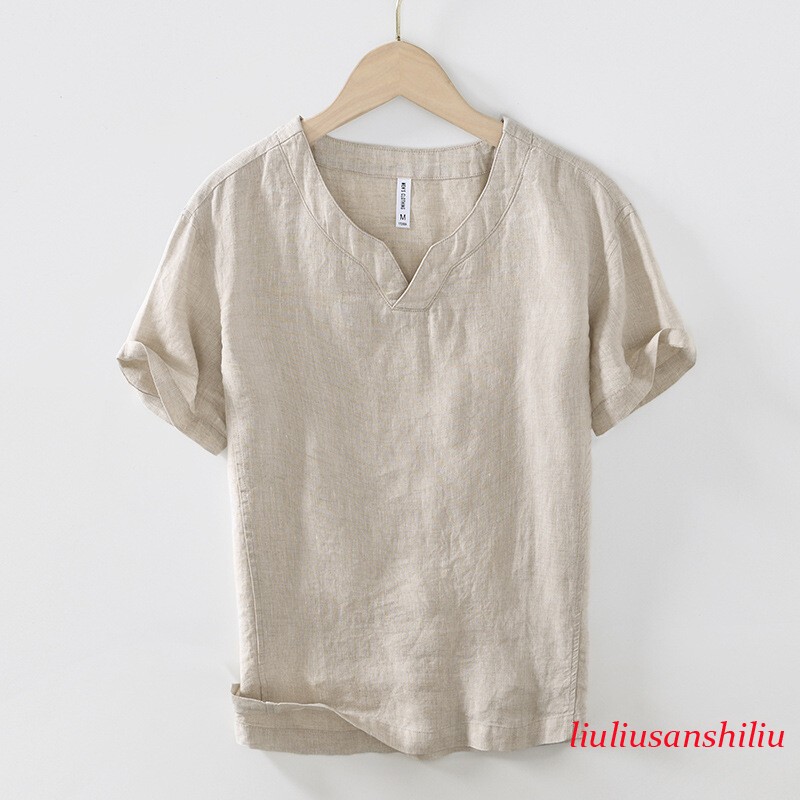 Men 100% Linen T-shirt V Neck Summer Short Sleeves Retro Tops Casual Undershirt gallery