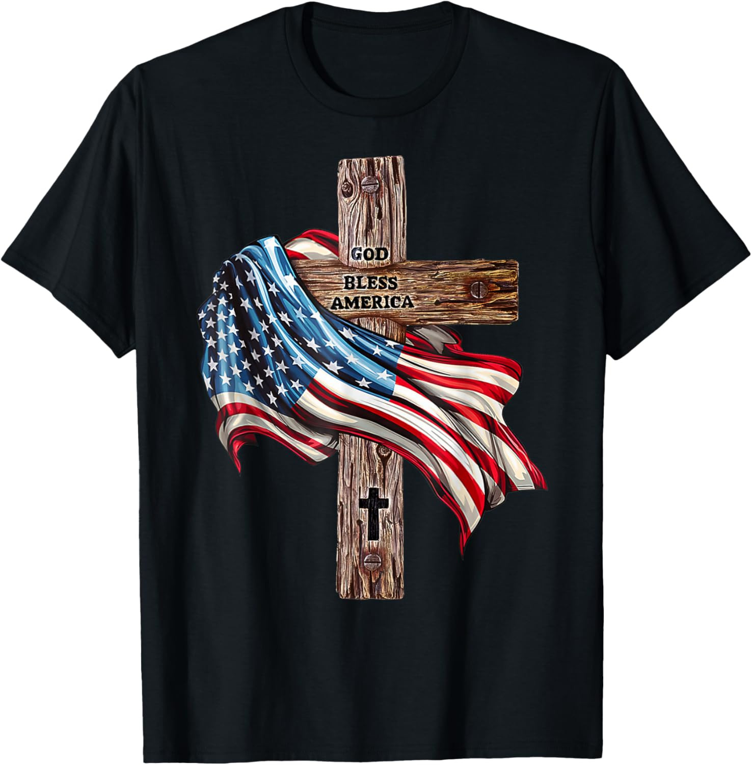 God Bless America Cross American Flag US Patriotic Christian T Shirt
