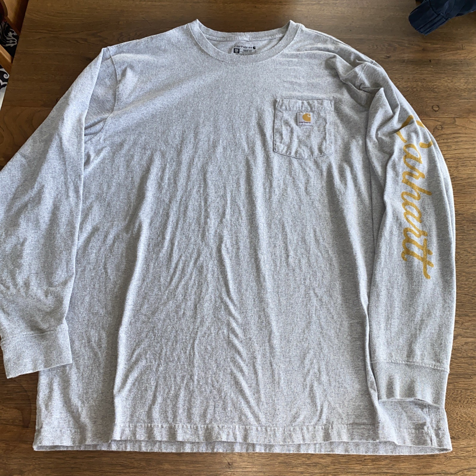 CARHARTT Shirt Mens 2XL XXL Gray Gold WORK WEAR Long Sleeve Pocket Tee Dog EUC gallery