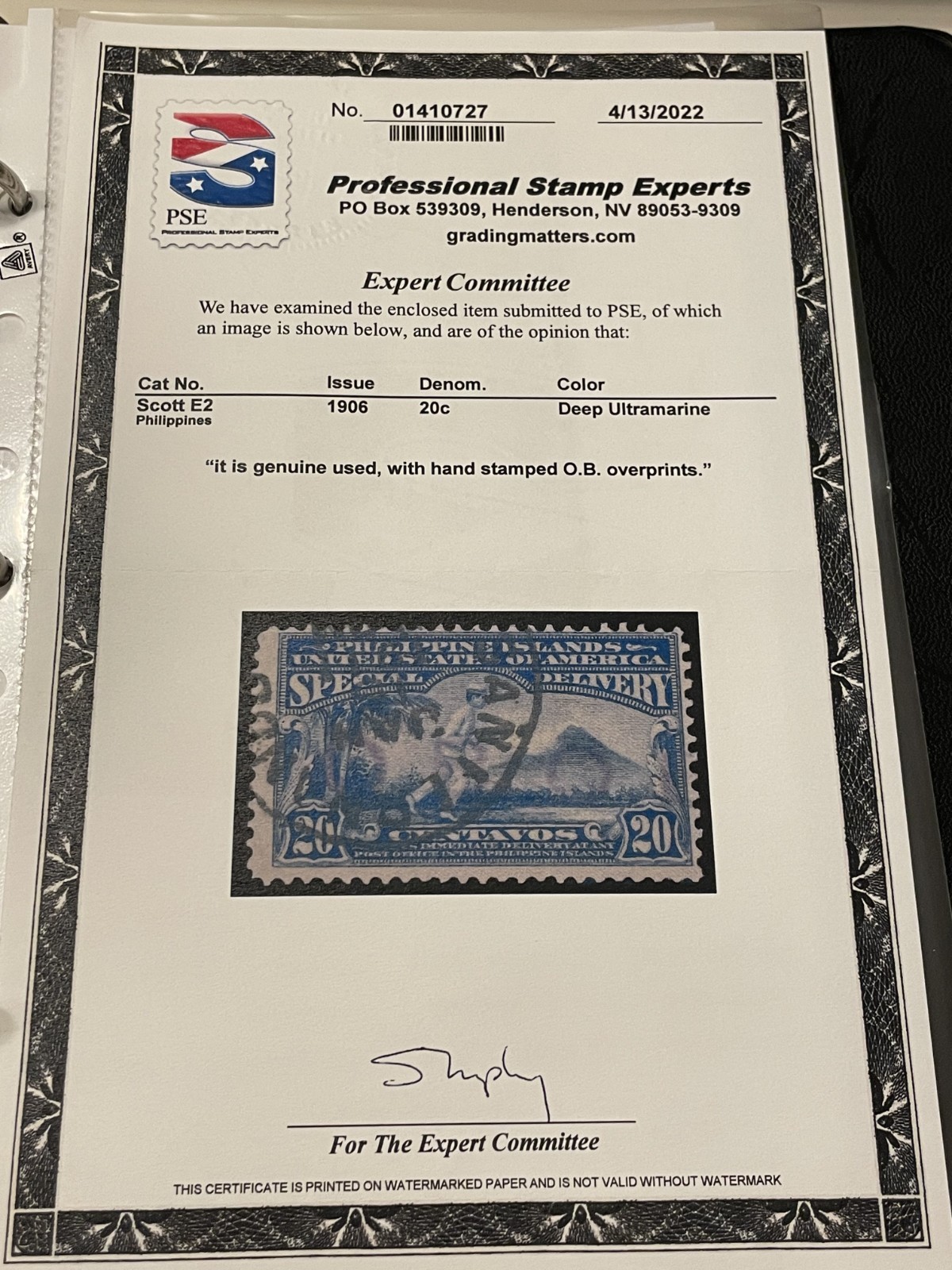 Philippines E2 Used with OB handstamp PSE Certificate KSPhilatelics (E2PIx1)