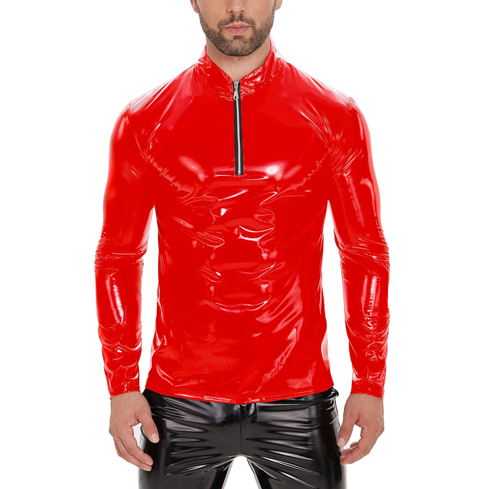 Men Wet Look Shiny PVC Leather T-Shirts Long Sleeve Glossy Latex Tops Slim Tees gallery