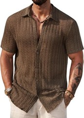 Men’s Knit Crochet Button Down Shirt Hollow Out Textured Casual Summer Top S-XXL
