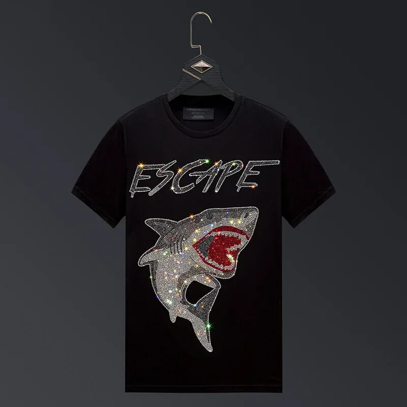 New Men Fashion Diamond Shark Rhinestones Luxury Black White T-Shirt gallery