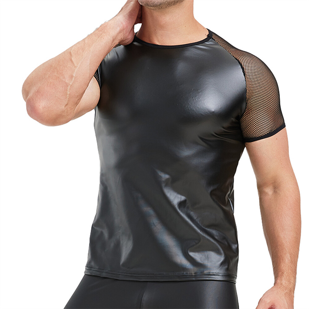 Men’s Splicing Mesh Faux Leather Tops Slim Short Sleeve T-shirts Nightclub Tees