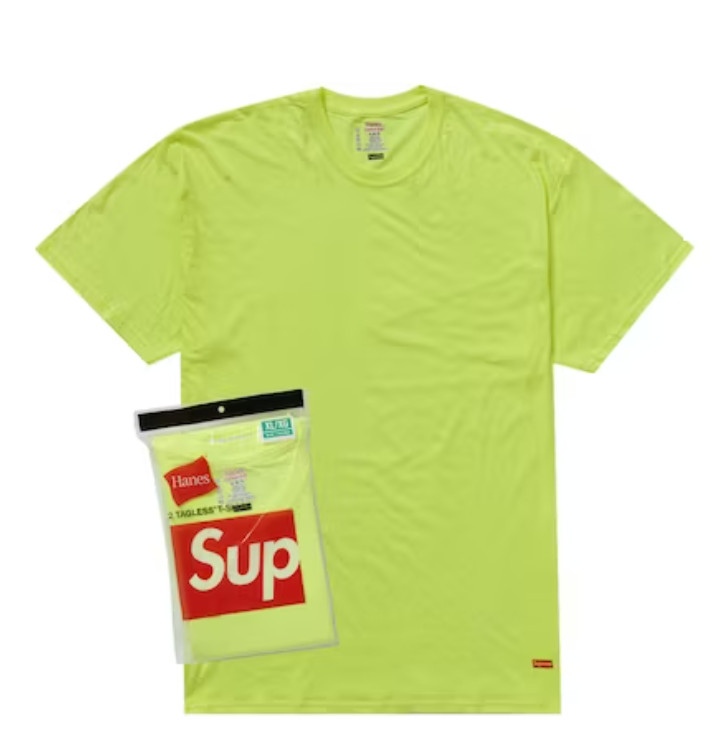SUPREME / HANES TAGLESS TEES (2 PACK) FLUORESCENT YELLOW SS23 Neon – Size Medium