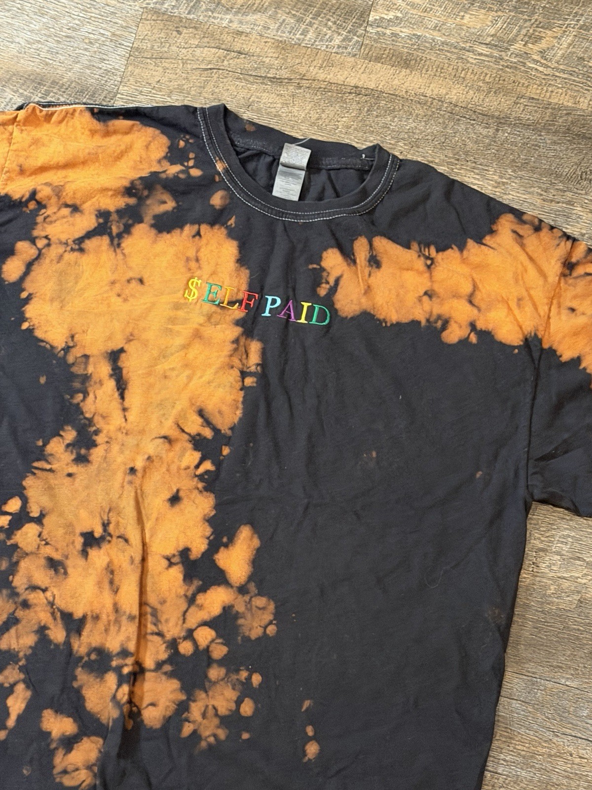 Self Paid Bleach Dye T Shirt Mens XL Black Orange Streetwear Graphic Tee gallery