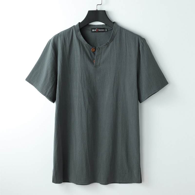 Men's Stand-up Collar Short Sleeve Cotton Hemp Summer T-shirt Loose Linen V-neck gallery