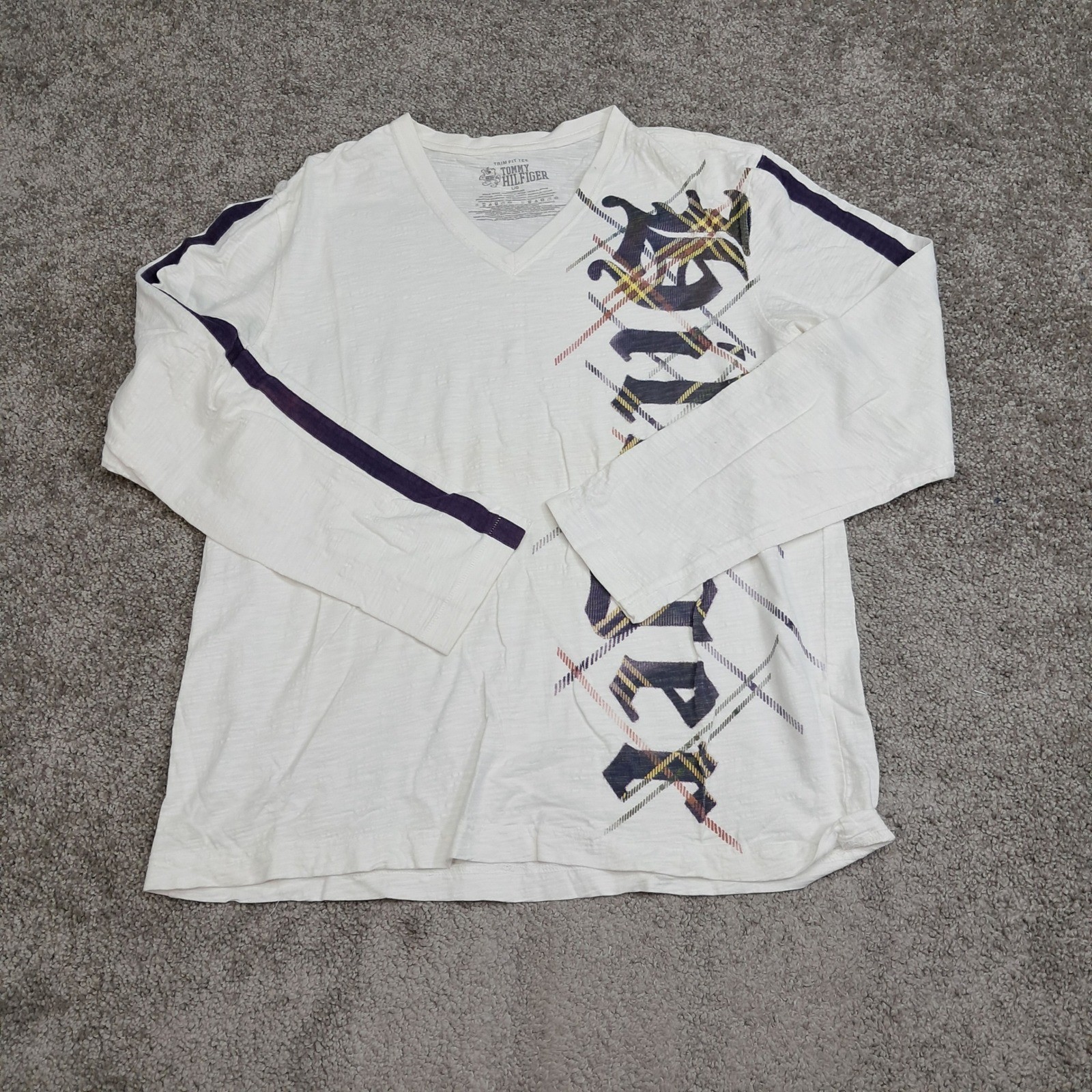Tommy Hilfiger Mens White Graphic V-Neck Long Sleeve Trim Fit Tee Shirt Large gallery