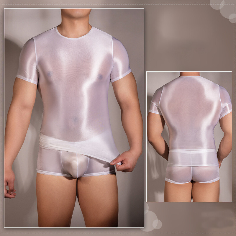 Sexy Men’s Shiny Oil Tank Top Elastic Tank Top Transparent Fitness T-Shirt