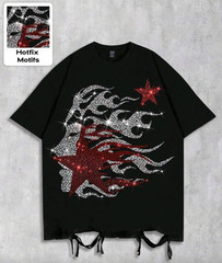New Men Luxury Diamond Flame Rhinestone Black Fashion T-Shirt High Quality
